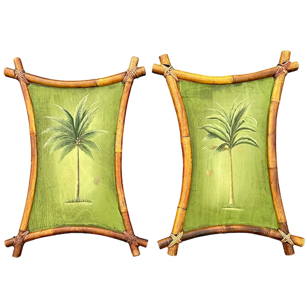 Vintage Old Florida Original Tropical Palm Tree Painting with Bamboo Frames Tiki