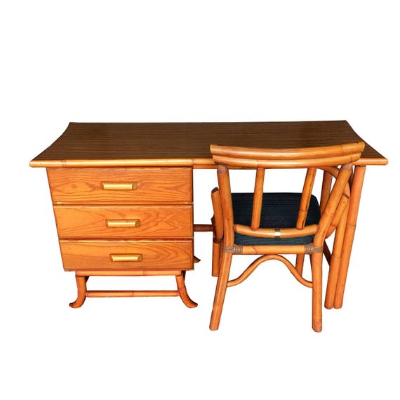Vintage Rattan Desk And Chair Old Florida Palm Beach Tiki Image 0