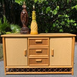 Vintage Rattan Credenza Mid Century Modern Cabinet Old Florida Palm Beach Tiki image 2