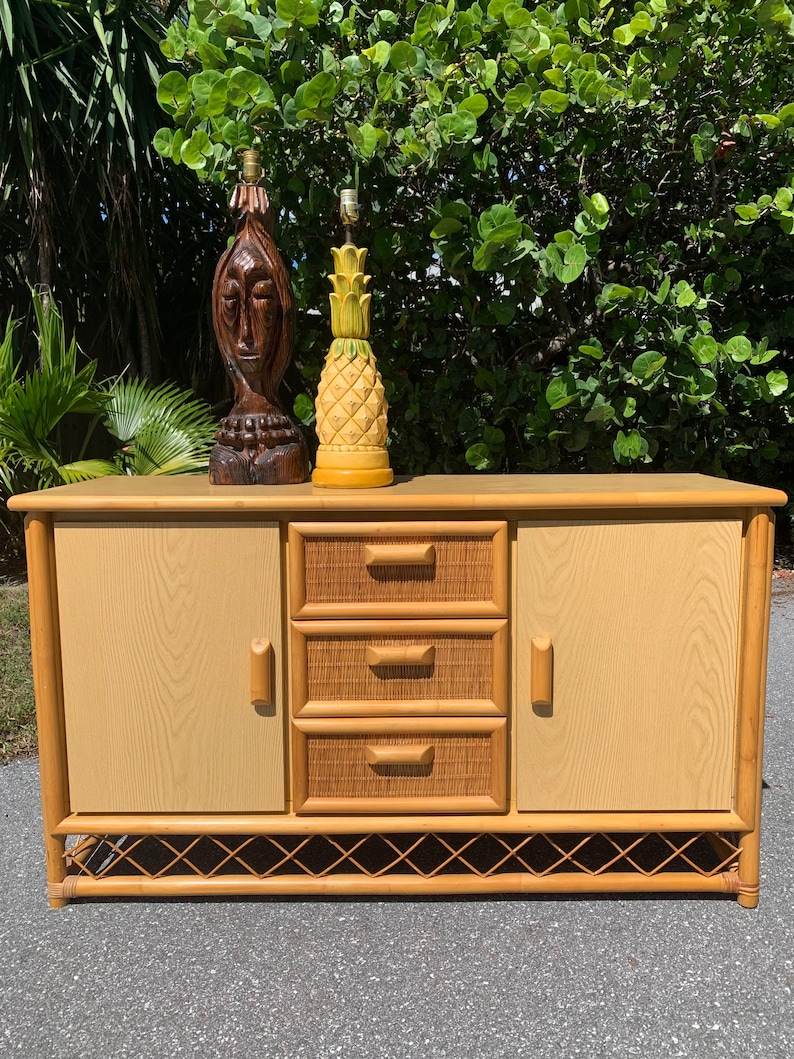 Vintage Rattan Credenza Mid Century Modern Cabinet Old Florida Palm Beach Tiki image 2