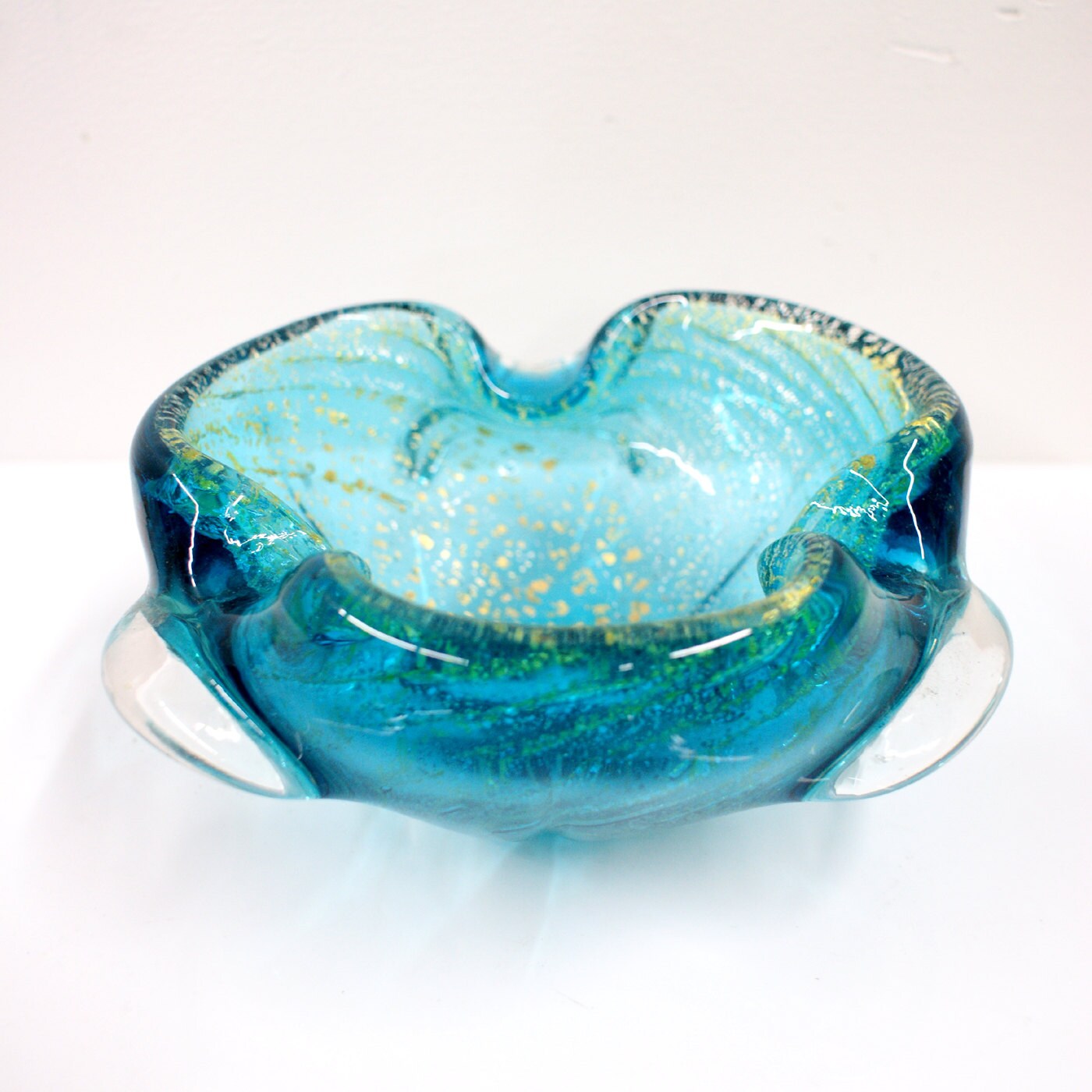 Seguso Murano Art Glass Candy Dish Blue With Gold Flecks Mid Century Modern Etsy