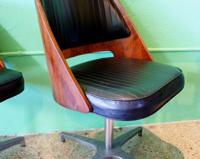 Vintage Bent Plywood and Black Vinyl Swivel Chair Set of 2 Made by