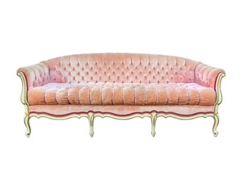 Vintage Pink Velvet Button Tufted Sofa French Provincial