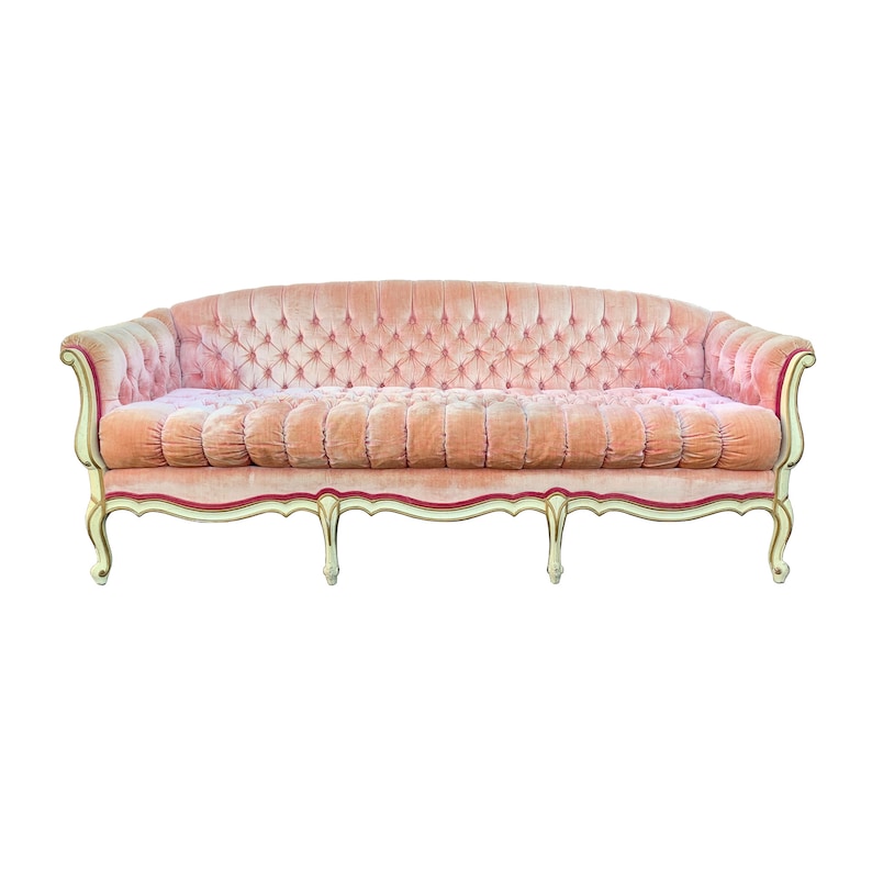 Vintage Pink Velvet Button Tufted Sofa French Provincial image 1