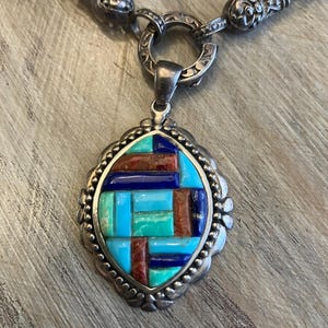 Vintage Lapis Lazuli Turquoise coral inlay pendant AF Artist Signed Sterling Silver Necklace Native? Southwest Boho Bohemian Artisan