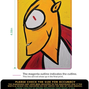 May include: A rectangular sticker featuring a stylized yellow character with a red eye and a red cape. The sticker measures 3.27 inches wide and 4.59 inches high. The background is yellow, and the character has a black outline.