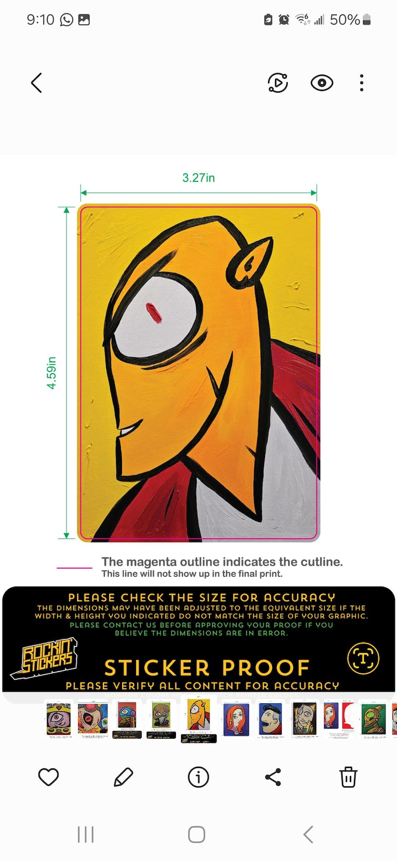 May include: A rectangular sticker featuring a stylized yellow character with a red eye and a red cape. The sticker measures 3.27 inches wide and 4.59 inches high. The background is yellow, and the character has a black outline.