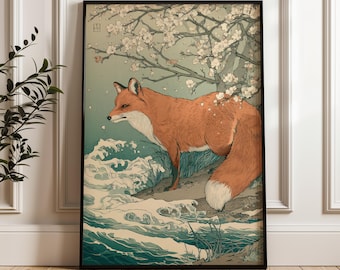 Fox Animal Illustration, Japanese Ukiyo-e Wall Art Print, Nature Inspired Poster