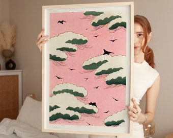 渡辺省亭 美術世界のピンクの空 ヴィンテージ日本の木版画アート