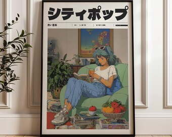 日本のピクセルアートポスター - Y2Kプリント、レトロなピンクの街並み