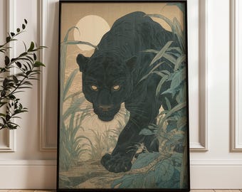 Black Panther, Japanse muurkunstdruk ukiyo-e, traditionele houtsnedeposter