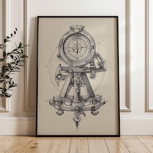 May include: A framed print featuring a detailed, vintage illustration of a surveying instrument. The artwork showcases a compass and tripod design in shades of brown and black, set against a neutral background. The print is displayed in a black frame.