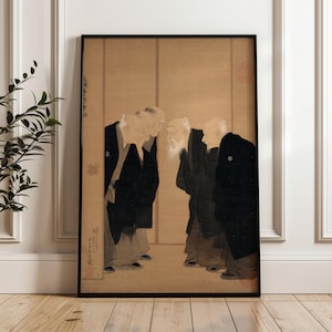 May include: Framed vintage Japanese artwork depicting five elderly men in traditional attire. The men are bowing towards each other in a room with a neutral background. The artwork is framed in a black frame and is displayed on a wooden floor.