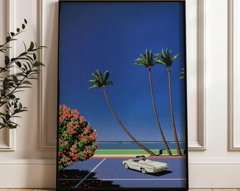 Impresión de arte mural pop de coche descapotable vintage de la ciudad de Hiroshi Nagai, póster costero retro.