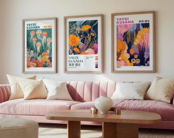 Set of 3 Prints, Yayoi Kusama Art Print Set, Poster Set, Gallery Wall Art Set, 3 Poster Bundle, Japanese Art Print Bundle, Woodblock Print