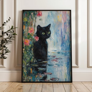Black Cat Poster, Claude Monet Cat Print, Funny Cat Print, Black Cat Poster, Claude Monet Cat Art, Gift For Cat Mom, Black Cat Art