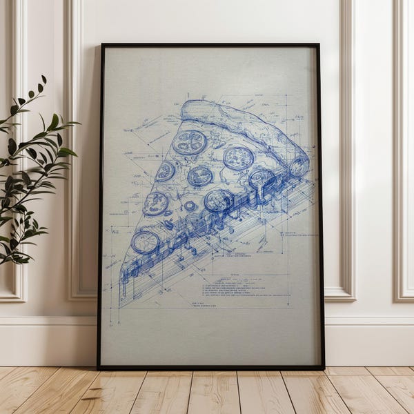 Pizza Slice, Blueprint Wall Art Print, Technical Poster