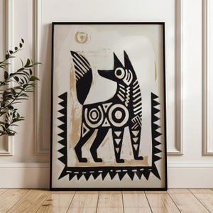 a large, framed artwork depicting a stylized, abstract representation of a dog or wolf-like creature.
