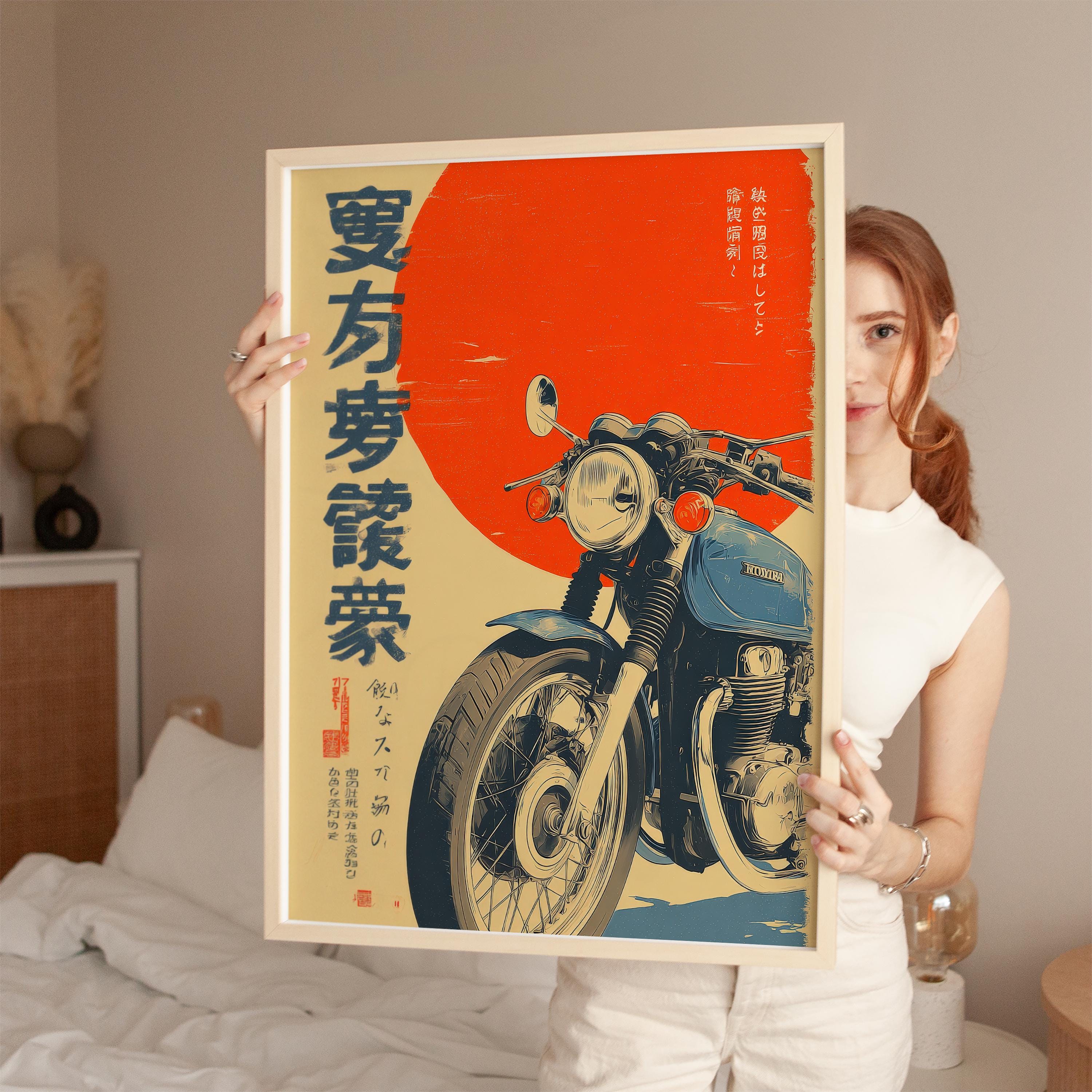 Vintage Motorcycle, Retro Japanese Wall Art Print, Mid-century