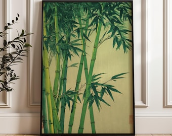 Puede incluir: Impresión artística enmarcada que presenta una ilustración detallada de tallos y hojas de bambú. La obra de arte muestra una paleta de verdes y amarillos, con un marco negro. El bambú está representado en un estilo tradicional.