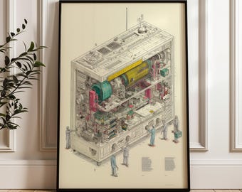 Puede incluir: Ilustración isométrica de una máquina compleja con componentes internos visibles. La obra presenta un cilindro amarillo, elementos verdes y rosas, y pequeñas figuras en azul. La impresión está enmarcada en negro sobre un fondo crema.