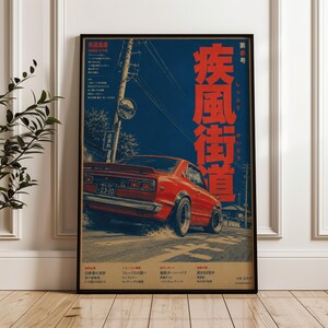 May include: A vertical poster featuring a red vintage sports car drifting on a road at night. The artwork includes large red Japanese text, a utility pole, and a stop sign. The background is a deep blue sky, and the bottom section contains text.