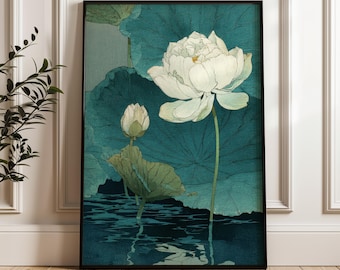 White Lotus Flower, Japanese Style Wall Art Print, Traditional Botanical Poster