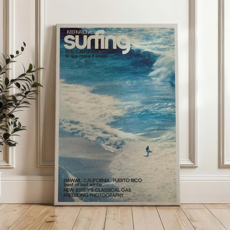 Surfer On Ocean Wave, Vintage Surf Poster, Coastal Wall Art Print Canvas