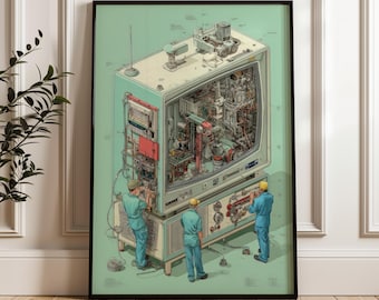 May include: An artistic print of a vintage television with an exploded view of its internal components. Three figures in blue coveralls are working on the TV. The print has a black frame and a light green background.