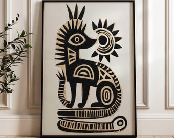 Traditionele Mexicaanse katposter - abstracte geometrische volkskunstdruk op mat papier
