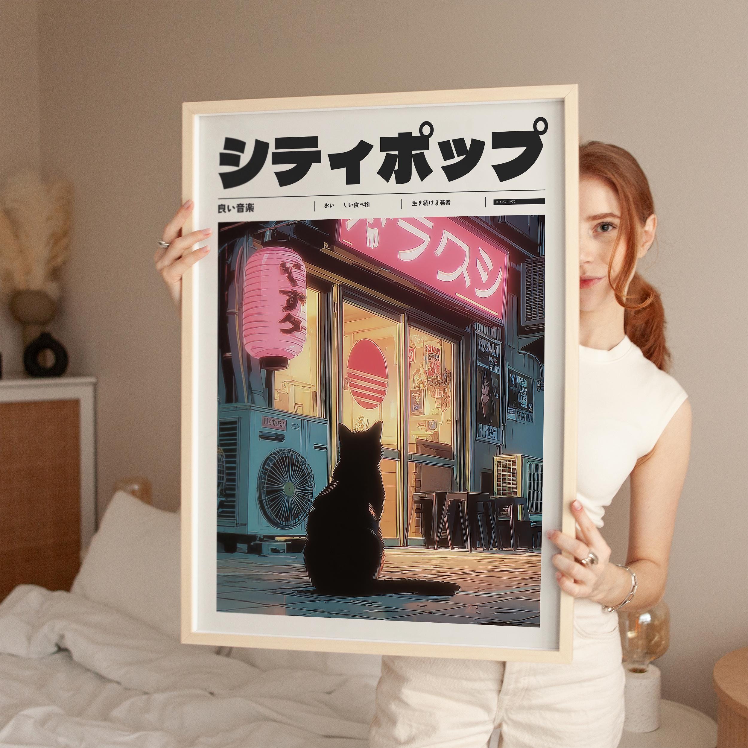 Black Cat at Neon Japanese Shop, Y2k Wall Art Print, Indie Poster