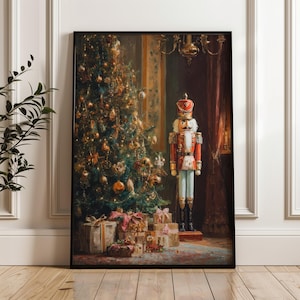 Nussknacker und Weihnachtsbaum, Vintage Feiertags-Wand-Kunst-Druck, klassisches festliches Plakat