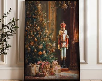 Nutcracker And Christmas Tree, Vintage Holiday Wall Art Print, Classic Festive Poster