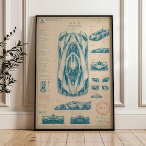 Futuristic Racing Car Blueprint, Technical Schematic Wall Art Print, Engineering Poster