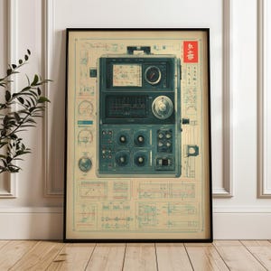 May include: Framed print featuring a vintage radio schematic in teal and beige tones. The detailed illustration includes dials, gauges, and technical diagrams. A red and white Japanese character is in the upper right corner. The print is displayed on a wooden floor.