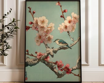 花の咲く枝に止まるメジロ – ヴィンテージ浮世絵ウォールアート