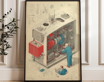 Puede incluir: Impresión enmarcada de estilo vintage de un esquema mecánico con dos figuras con monos azules. La máquina es principalmente blanca con componentes rojos y azules. Una rejilla rectangular roja está en el lateral. La impresión está en un marco negro.