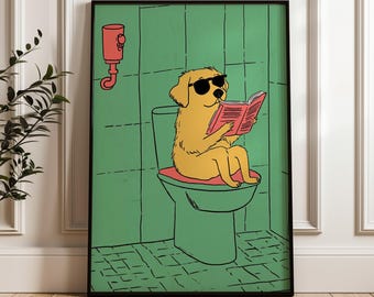 Dog On Toilet Poster, Funny Comedy Animal Art Print, Gift Idea, Wall Art Decor, Bathroom Print, Unique Artsy Poster, Comical Funny Poster