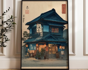 Vintage Japanisches Gebäude, Ukiyo-e Wandkunst Druck, Traditionelles Holzschnittplakat