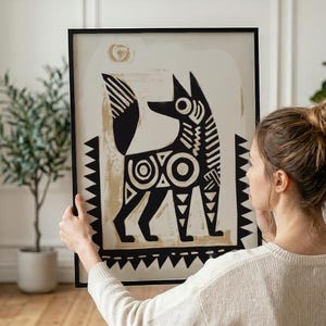 A woman is holding a framed artwork of a stylized dog, which is hanging on a wall.