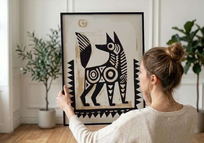 A woman is holding a framed artwork of a stylized dog, which is hanging on a wall.