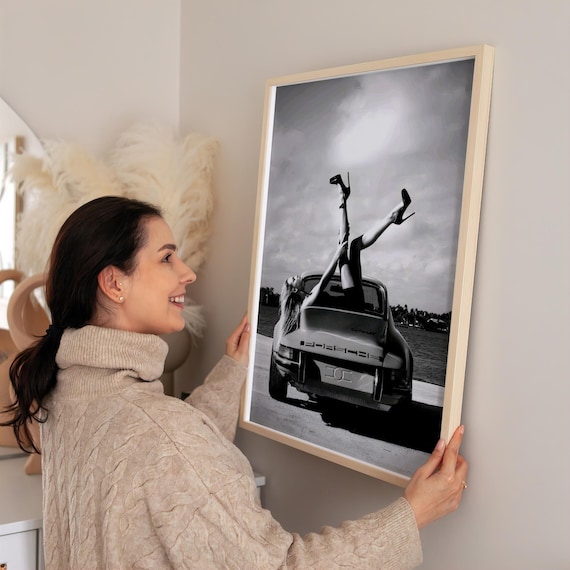 Woman on Vintage Car, Black and White Wall Art Print, Retro