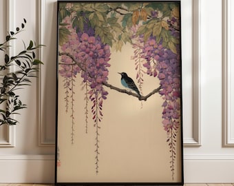 Bird And Wisteria, Traditional Japanese Wall Art Print, Vintage Floral Poster