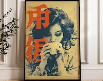 Donna che beve il tè, stampa artistica giapponese vintage, poster pop art retrò