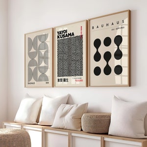 Juego de 3 impresiones, juego de pósteres, juego de arte de pared de galería, juego de impresiones artísticas de Yayoi Kusama, paquete de 3 pósteres Bauhaus, paquete de impresiones de arte moderno, decoración japonesa