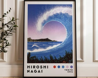 May include: A vintage poster with a blue and white wave crashing over a city skyline. The poster is titled "Hiroshi Nagai" and includes the year "1973" and the word "Tokyo".