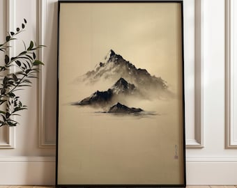Mountain Landscape, Wabi-sabi Wall Art Print, Japanese Ink Poster