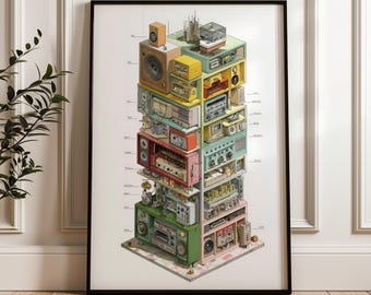 Puede incluir: Impresión enmarcada con una ilustración colorida de una torre construida con equipos de audio vintage. La obra de arte muestra una variedad de radios, altavoces y amplificadores en un estilo detallado y diagramático, con etiquetas.