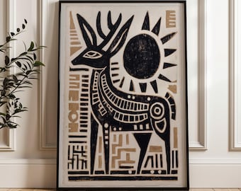Traditionele Mexicaanse hertenposter - abstracte geometrische volkskunstdruk op mat papier