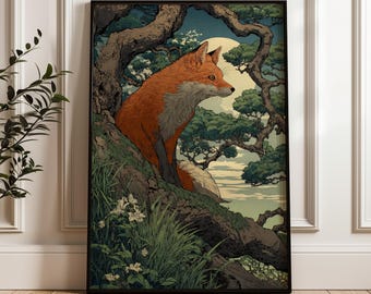Red Fox, Japanese Style Wall Art Print, Ukiyo-e Poster